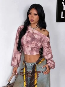 Coolane 女款冬季街頭風休閒復古Y2K運動外出日常穿著圖案樹枝紋路粉色寬鬆不對稱領短版衛衣 - 粉色 - 查看 5