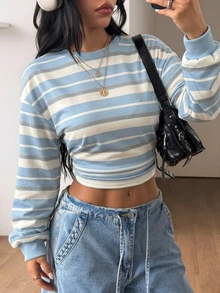 Coolane 女款秋季四季通用外出休閒復古日常穿著返校條紋拼色藍米色修身長袖收腰上衣 - 淺藍色 - 查看 2