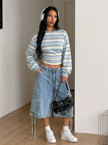 Coolane 女款秋季四季通用外出休閒復古日常穿著返校條紋拼色藍米色修身長袖收腰上衣 - 淺藍色 - 查看 5