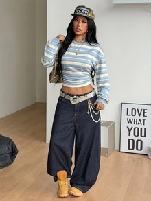 Coolane 女款秋季四季通用外出休閒復古日常穿著返校條紋拼色藍米色修身長袖收腰上衣 - 淺藍色 - 查看 8