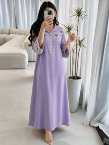 Mulvari Modest Embroidered Women's Arabic Traditional Long Dress, Turkish Maxi Kaftan Jalabiya Muslim For Women Dress - Purple - View 1