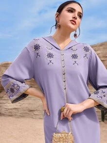 Mulvari Modest Embroidered Women's Arabic Traditional Long Dress, Turkish Maxi Kaftan Jalabiya Muslim For Women Dress - Purple - View 5
