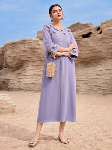 Mulvari Modest Embroidered Women's Arabic Traditional Long Dress, Turkish Maxi Kaftan Jalabiya Muslim For Women Dress - Purple - View 6