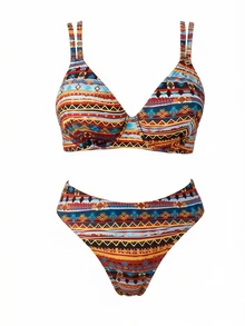 SHEIN Swim بيكيني بحجم كبير للنساء مجموعة من قطعتين بطبعات عشوائية مع سلك داخلي - متعدد الألوان - مشاهدة 7