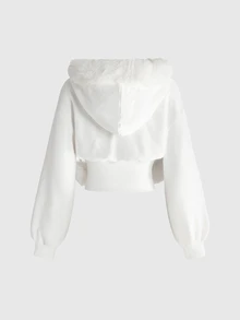 ROMWE Grunge Punk Y2K Autumn/Winter Subculture Cropped Slim Fit Cinched Waist Fur Collar Hat Vintage Text Print Rhinestone Women's Zipper Front Jacket - White - View 10