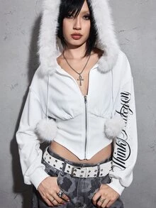 ROMWE Grunge Punk Y2K Autumn/Winter Subculture Cropped Slim Fit Cinched Waist Fur Collar Hat Vintage Text Print Rhinestone Women's Zipper Front Jacket - White - View 3