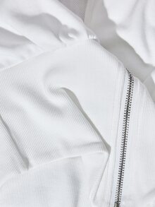 ROMWE Grunge Punk Y2K Autumn/Winter Subculture Cropped Slim Fit Cinched Waist Fur Collar Hat Vintage Text Print Rhinestone Women's Zipper Front Jacket - White - View 13