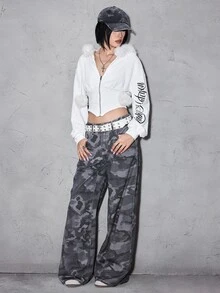 ROMWE Grunge Punk Y2K Autumn/Winter Subculture Cropped Slim Fit Cinched Waist Fur Collar Hat Vintage Text Print Rhinestone Women's Zipper Front Jacket - White - View 7