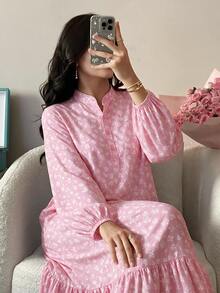 Mulvari Women's Ditsy Floral Arabian Modest Elegant Casual Dress Formal Vacation Pink Fall Morning Confirmation - Pink - View 1