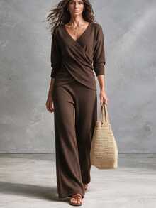 SHEIN Wrap V Neck Knit Two Pieces Set Petal Sleeve Side Tie Crop Top Wide Leg Knit Pants Outfit - Brown - View 6