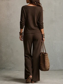 SHEIN Wrap V Neck Knit Two Pieces Set Petal Sleeve Side Tie Crop Top Wide Leg Knit Pants Outfit - Brown - View 2