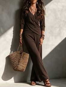 SHEIN Wrap V Neck Knit Two Pieces Set Petal Sleeve Side Tie Crop Top Wide Leg Knit Pants Outfit - Brown - View 5
