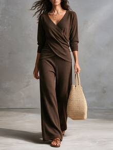 SHEIN Wrap V Neck Knit Two Pieces Set Petal Sleeve Side Tie Crop Top Wide Leg Knit Pants Outfit - Brown - View 1