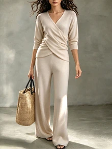 SHEIN Wrap V Neck Knit Two Pieces Set Petal Sleeve Side Tie Crop Top Wide Leg Knit Pants Outfit - Beige - View 7