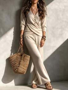 SHEIN Wrap V Neck Knit Two Pieces Set Petal Sleeve Side Tie Crop Top Wide Leg Knit Pants Outfit - Apricot - View 5