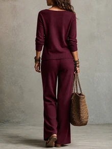SHEIN Wrap V Neck Knit Two Pieces Set Petal Sleeve Side Tie Crop Top Wide Leg Knit Pants Outfit - Red Violet - View 2
