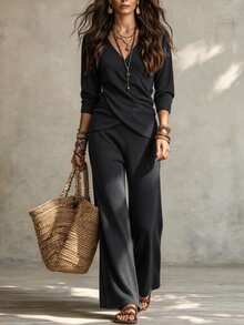 SHEIN Wrap V Neck Knit Two Pieces Set Petal Sleeve Side Tie Crop Top Wide Leg Knit Pants Outfit - Black - View 5