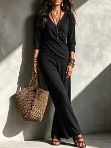 SHEIN Wrap V Neck Knit Two Pieces Set Petal Sleeve Side Tie Crop Top Wide Leg Knit Pants Outfit - Black - View 6