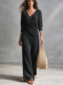 SHEIN Wrap V Neck Knit Two Pieces Set Petal Sleeve Side Tie Crop Top Wide Leg Knit Pants Outfit - Black - View 8