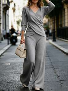 SHEIN Wrap V Neck Knit Two Pieces Set Petal Sleeve Side Tie Crop Top Wide Leg Knit Pants Outfit - Grey - View 6