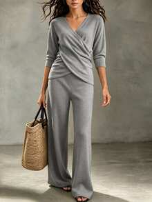 SHEIN Wrap V Neck Knit Two Pieces Set Petal Sleeve Side Tie Crop Top Wide Leg Knit Pants Outfit - Grey - View 8