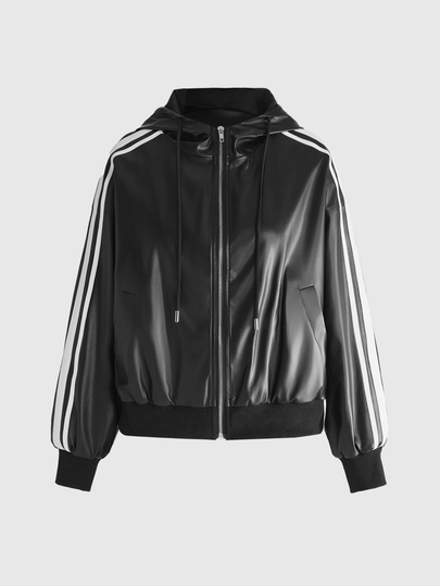 Street Life Casual Street Style Hooded Zip-Up Leather Jacket With Contrast Stripe Decor, Regular Fit Women's Outerwear