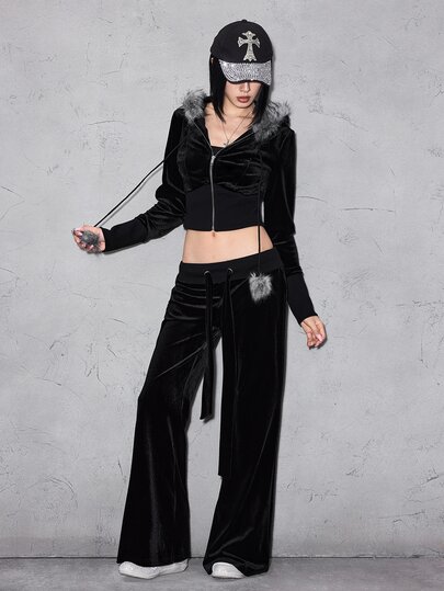 Street Life Black Velvet Casual Basic Knit Two Pieces Set With Patchwork Fur Collar Women's Outfit