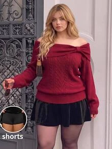 GalTyme Plus Size Women Solid Color Off-Shoulder Casual Daily Long Sleeve Sweater Christmas Party - Red - View 7