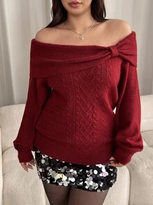 GalTyme Plus Size Women Solid Color Off-Shoulder Casual Daily Long Sleeve Sweater Christmas Party - Red - View 5