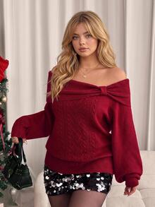 GalTyme Plus Size Women Solid Color Off-Shoulder Casual Daily Long Sleeve Sweater Christmas Party - Red - View 4