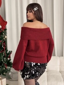 GalTyme Plus Size Women Solid Color Off-Shoulder Casual Daily Long Sleeve Sweater Christmas Party - Red - View 2