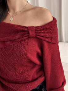 GalTyme Plus Size Women Solid Color Off-Shoulder Casual Daily Long Sleeve Sweater Christmas Party - Red - View 9