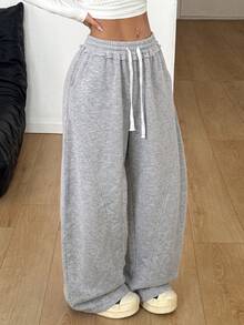 Coolane Women's All-Season Fleece Chic Elegant Casual Going Out Relaxed Minimalist Warm Grey Drawstring Pocket Polyester Joggers - Grey - View 8