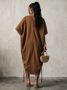 BamGlimmer European American Thanksgiving Style Batwing Sleeve Loose Long Dress Summer Round Neck Pleated Drawstring Hem Ruffle Pocket Maxi Light Brown Casual - Brown - View 6
