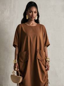 BamGlimmer European American Thanksgiving Style Batwing Sleeve Loose Long Dress Summer Round Neck Pleated Drawstring Hem Ruffle Pocket Maxi Light Brown Casual - Brown - View 7