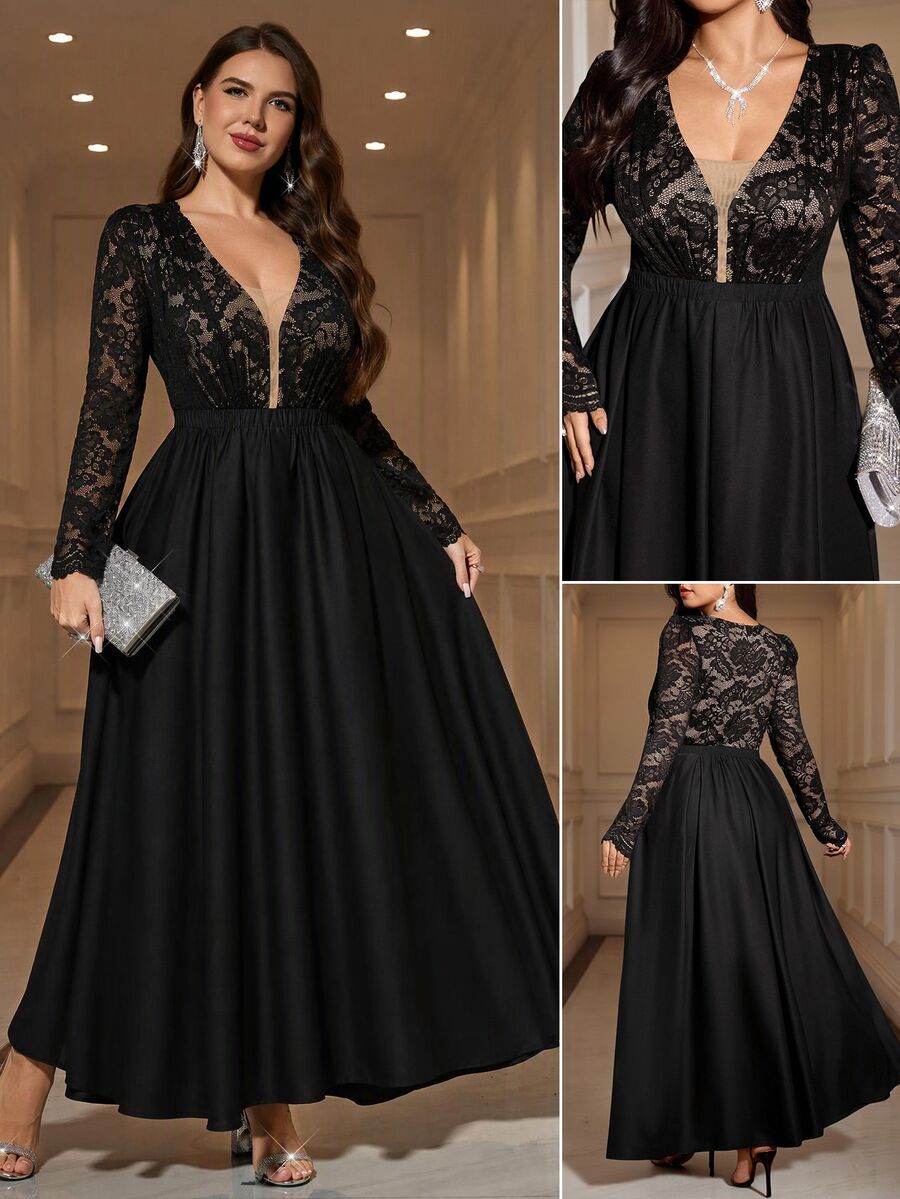 Reflora Plus Size Sweet Elegant Formal Lace Ruffle Long Sleeve Dress New Year Christmas Party Wedding Night Cocktail Dinner Black Fall - Black - View 1