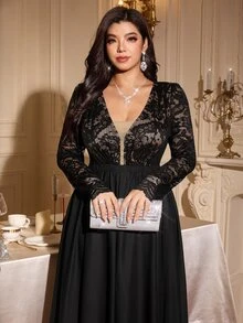 Reflora فستان أسود أنيق وجميل بحجم كبير مع دانتيل وكشكشة وأكمام طويلة مناسب لحفلات رأس السنة والكريسماس والزفاف والسهرات والعشاء في فصل الخريف - الأسود - مشاهدة 3