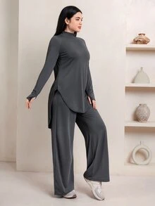 Veilorie طقم رياضي نسائي رمادي داكن من قطعتين، ملابس علوية بأكمام طويلة وبنطال فضفاض مع جيوب، مناسب للجيم والبيلايتس واليوجا والجري - رمادي غامق - مشاهدة 4
