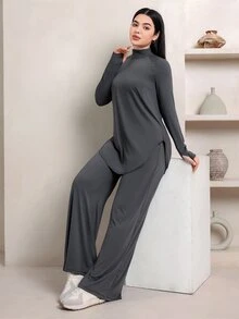Veilorie طقم رياضي نسائي رمادي داكن من قطعتين، ملابس علوية بأكمام طويلة وبنطال فضفاض مع جيوب، مناسب للجيم والبيلايتس واليوجا والجري - رمادي غامق - مشاهدة 6