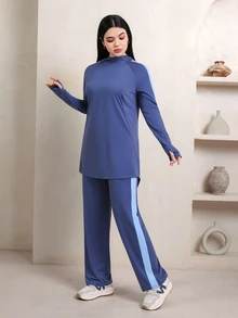 Veilorie Women's 2 Pieces Sports Set Loose Long Sleeve Hoodie Top & Wide Leg Pants, Suitable For Travel, Walking, Fitness, Workout, Outdoor Sun Protection Blue - Navy Blue - View 3