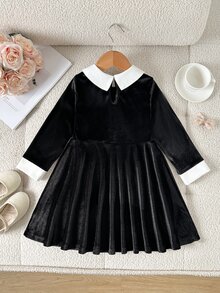 SHEIN 女童冬季黑色洋裝，甜美可愛優雅休閒白色領口彈性天鵝絨套頭洋裝，適合日常穿著、外出、學校、萬聖節、聖誕節等多種場合，日常與節日穿搭 - 黑與白 - 查看 2