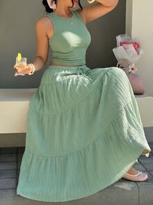 GalTyme Sage Green Round Neck Tank Top And Midi Skirt Casual Boho 2 Pieces Set Plus Size Travel Vacation Summer - Mint Green - View 6