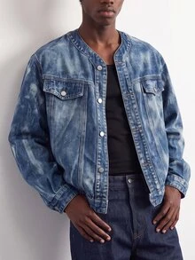VOXRYNE Men's Button Front Long Sleeve Pocket Simple Casual Denim Jacket - Blue - View 3