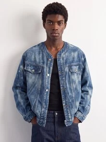 VOXRYNE Men's Button Front Long Sleeve Pocket Simple Casual Denim Jacket - Blue - View 2