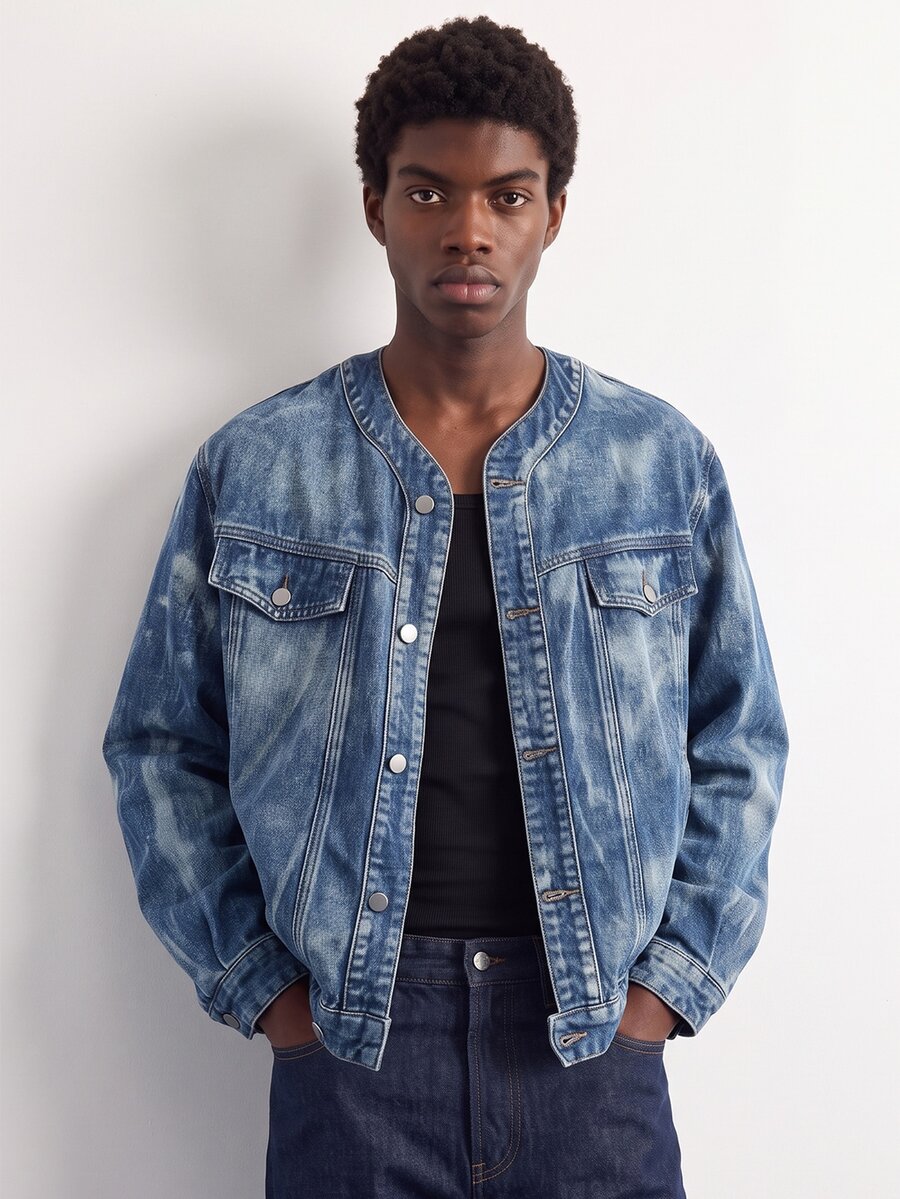 VOXRYNE Men's Button Front Long Sleeve Pocket Simple Casual Denim Jacket