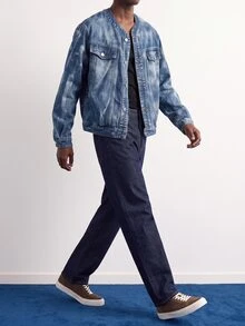 VOXRYNE Men's Button Front Long Sleeve Pocket Simple Casual Denim Jacket - Blue - View 7