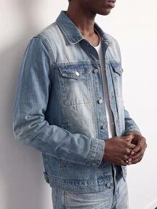 VOXRYNE Men Autumn Long Sleeve Single-Breasted Pocket Casual Denim Jacket - Medium Wash - View 3