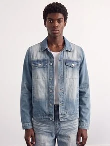 VOXRYNE Men Autumn Long Sleeve Single-Breasted Pocket Casual Denim Jacket - Medium Wash - View 8