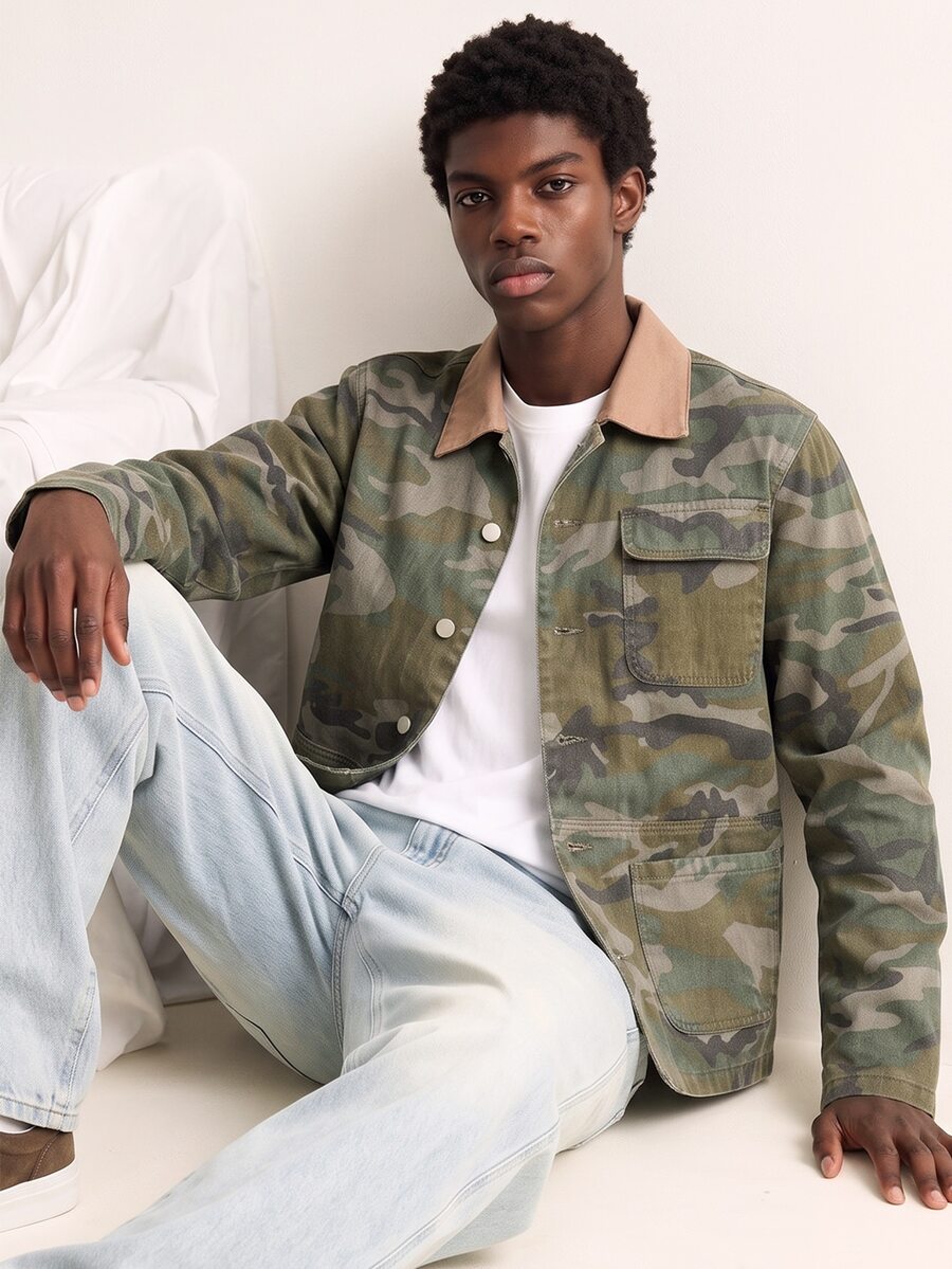 VOXRYNE Men's Regular Shoulder Camo American Casual Military Style Denim Top, Long Sleeve