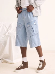 VOXRYNE Men's Casual Mid-Long Wide Leg Denim Shorts, Summer Streetwear - Light Wash - View 7